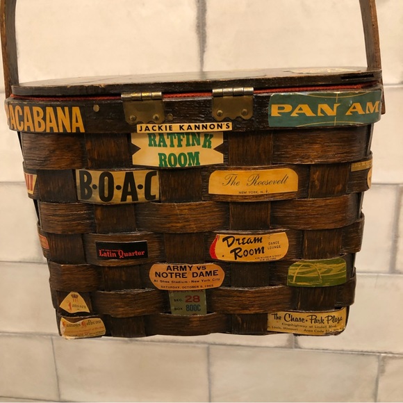 Vintage basket purse 1960s 60s brown travel postcard decoupage logo magazine - Picture 6 of 13